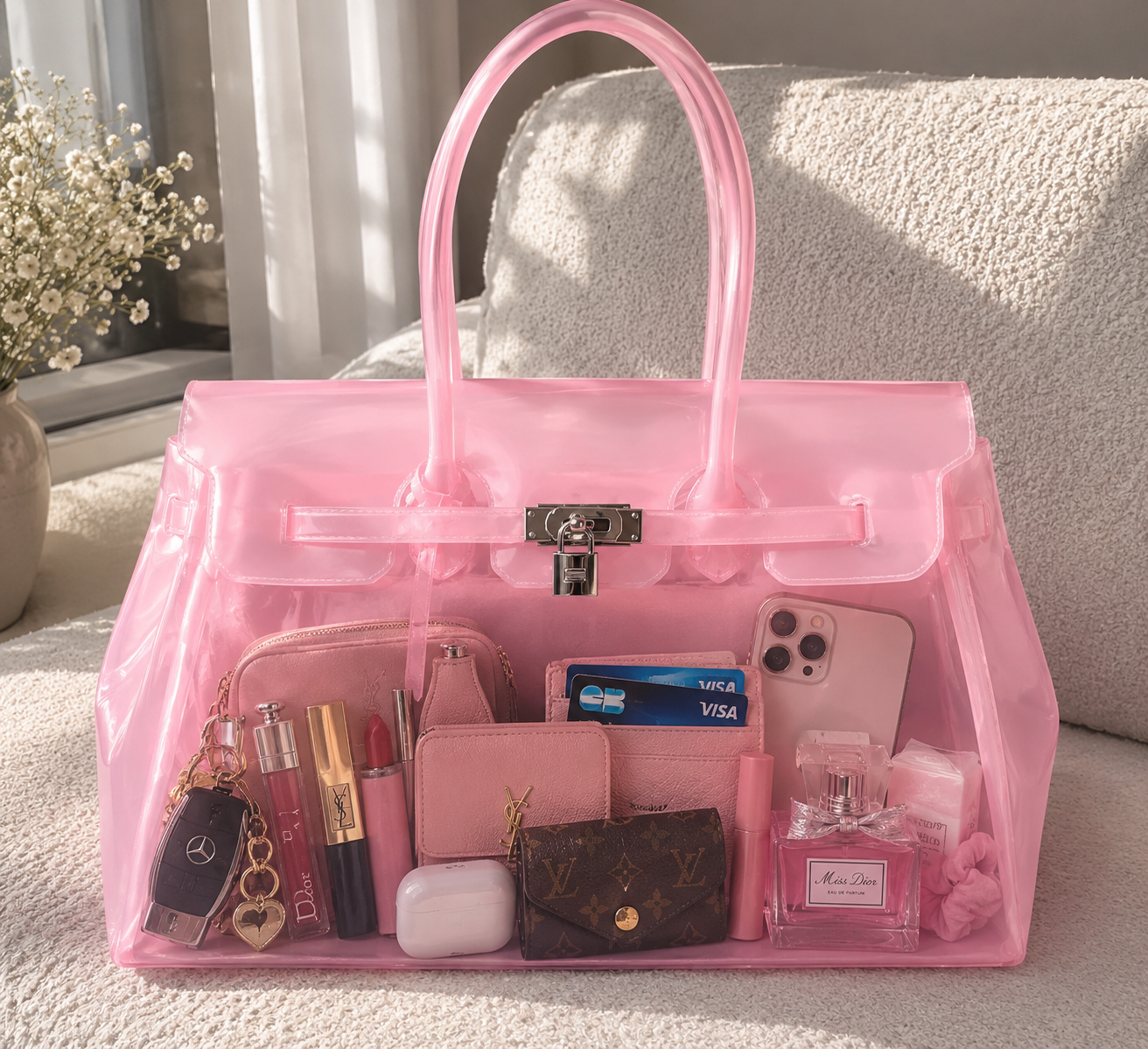 Sac Jelly transparent rose avec contenu visible